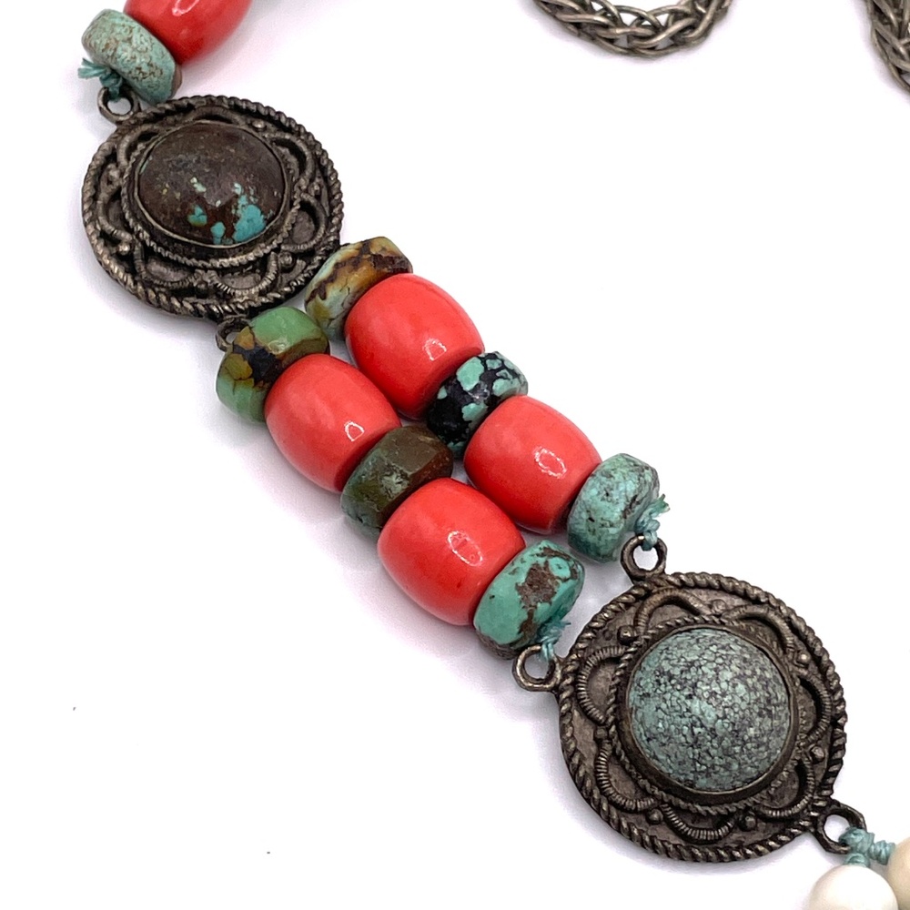 Vintage Tibetan Nepalese Style Turquoise Coral Stone Statement Necklace - Picture 5 of 13